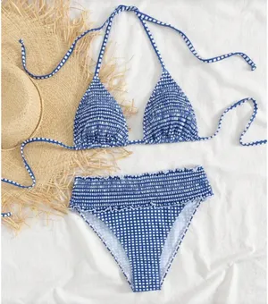 SheIn Swim Vcay Women's Casual Vacation Blue & White Plaid Print Tankini Swimsuit Set thumbnail 1