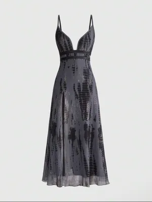 Sleek Gray Grunge Goth Plunge Maxi Dress with High Slit New thumbnail 9