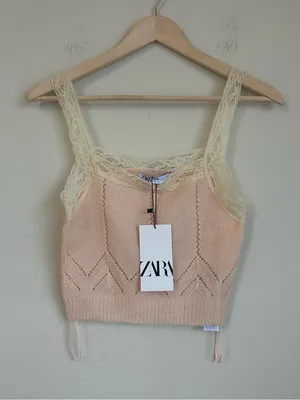NWT Zara Pointelle Knit Lace Trim Crop Tank thumbnail 4