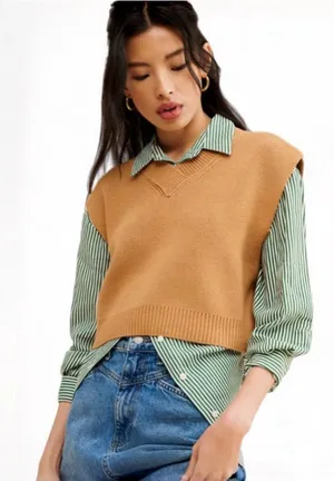 Free People Easy Street Vest Tan Cropped Camel Sweater Vest Rib Knit Preppy Sz M thumbnail 1
