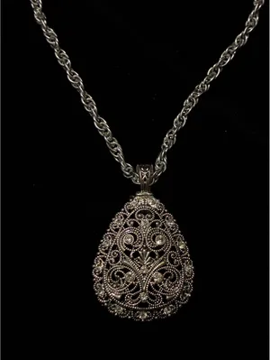 Gothic Victorian Revival Open Lace Teardrop Necklace Rhinestone Boho Pendant 18" thumbnail 1