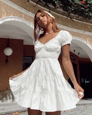 Altar'd State White Smocked Sweetheart Mini Dress L Little White Dress Bridal thumbnail 1