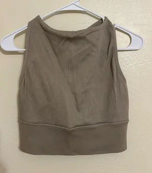 Betsey Johnson Performance Ribbed High Neck Crop Tank Sports Bra Taupe L thumbnail 1