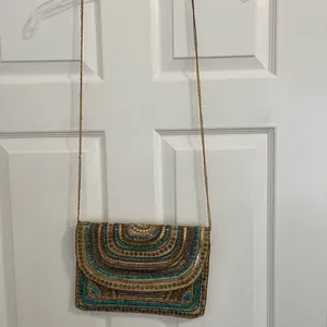 Beaded Gold, Tan and Teal Clutch thumbnail 2