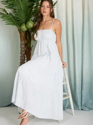 NEW Blu Pepper Denim Blue Stripe Shirred Empire Waist Tiered Midi Dress Large NW thumbnail 6