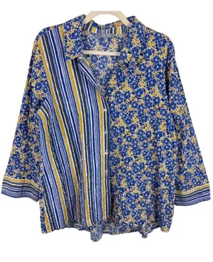 Habitat Clothes‎ to Live In Womens M Blue Yellow Floral Stripe Button Up Shirt thumbnail 1