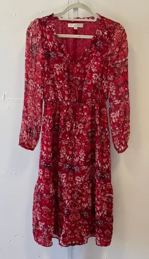Loft Red Floral‎ Swiss Dot Midi Dress Long Sleeve Button Front V-Neck XS Red thumbnail 1