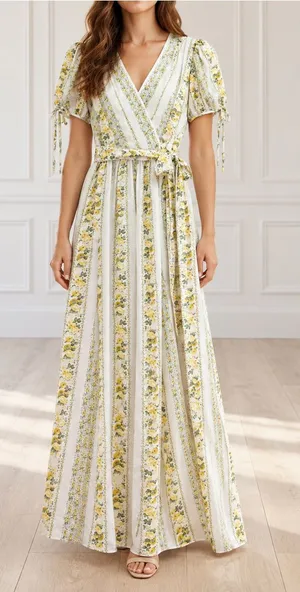 Gal Meets Glam Imogene Maxi Dress Sz 4 Yellow Floral Stripe Wrap Puff Sleeve GMG thumbnail 1