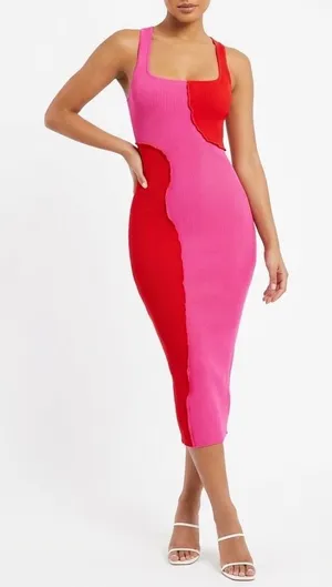 Naked Wardrobe Pink Red Colorblock Ribbed Racerback Midi Dress XS thumbnail 1