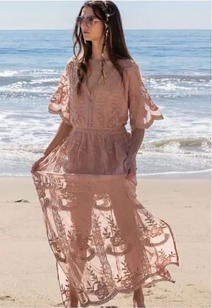 POL “Dress Me In Lace” Cotton Maxi Lace Romper Caramel Festival Coastal Boho M/L thumbnail 1