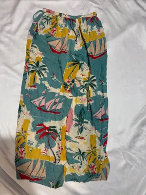 Tropical Print Elastic-Waist Casual Pants - Teal, Yellow & Pink thumbnail 5