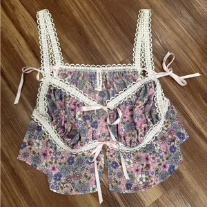 FOR LOVE & LEMONS Willow Multi Floral Bow Tie Ribbon Bow Coquette Top Purple XL thumbnail 7