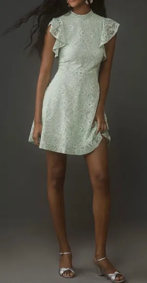 Anthropologie Maeve Mock-Neck Ruffle Sleeve Lace Mini Dress, Size L thumbnail 1