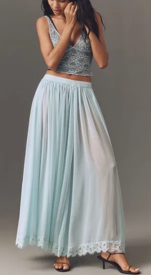 Anthropologie Sheer Lace Trim Maxi Skirt Soft Mint Blue Romantic Coquette S NWOT thumbnail 1