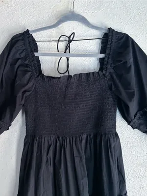 Hill House Home Nesli Nap Dress Black Smocked Tiered Midi Puff Sleeve Small thumbnail 3