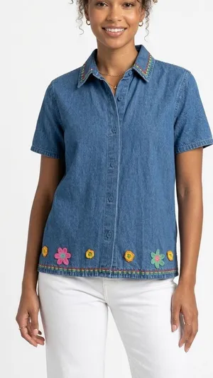 Vintage Embroidered Blue Denim Button-Up Shirt thumbnail 1