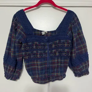 AMERICAN EAGLE Lace Puff Sleeve Plaid Eyelet Blouse thumbnail 3