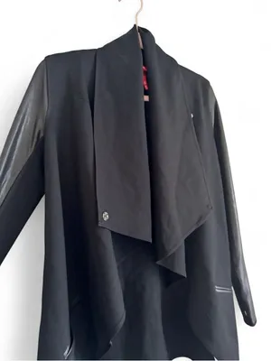 SPANX Point Drape-Front Black Faux Leather Trench Style Coat Blazer Size Small thumbnail 6