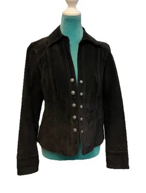 Y2K‎ Dress Barn Black Suede Leather Jacket Women’s Small Snap Front Boho Western thumbnail 1
