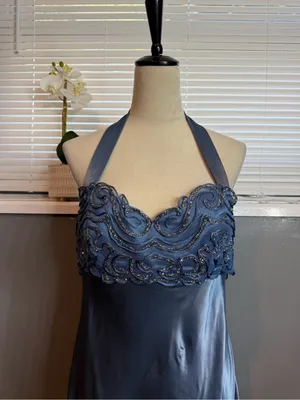 Dave & Johnny Size 12 Blue Satin Beaded Halter Formal Gown Y2K Prom Dress thumbnail 6