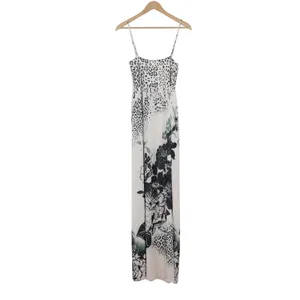 Ocean Blue Leopard Floral Maxi Dress XL White Black Smocked Spaghetti Strap thumbnail 2
