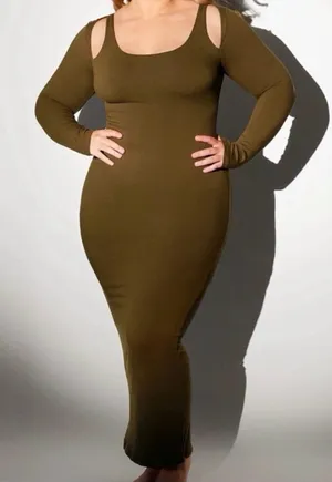 SHAPELLX Long‎ Sleeve Cut-Out Ribbed Shapewear Maxi Dress in Olive Green Size M thumbnail 1
