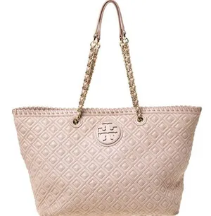 Tory Burch Beige Quilted Leather Marion Tote thumbnail 1