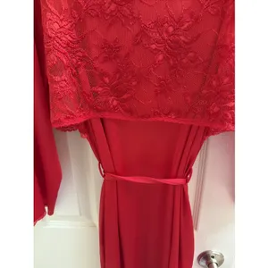 Vintage Samye Robe Red Nylon Lace Trim Pockets Lingerie Victorian‎ Romantic Sz M thumbnail 7