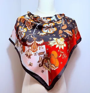 Elegant Floral Satin Polyester Square Scarf in Red, Black, White, and Brown – thumbnail 1