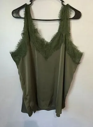 Bishop + Young Olive Green Satin Lace Trim V-Neck Camisole Tank Top 2X #1200 thumbnail 1