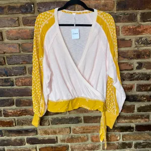 NWT Free People Pink Mustard Yellow Long Sleeve Wrap Auxton Top Women's Small thumbnail 2