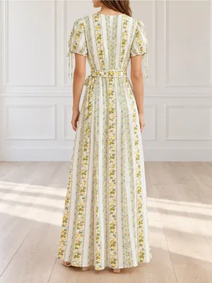 Gal Meets Glam Imogene Maxi Dress Sz 4 Yellow Floral Stripe Wrap Puff Sleeve GMG thumbnail 4