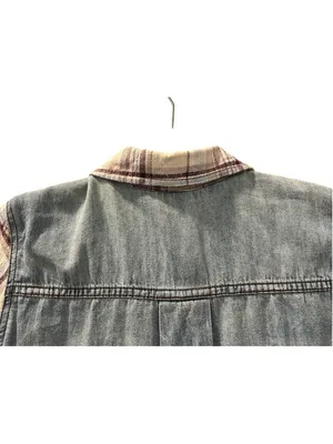Free People Road Trip Getaway Plaid Flannel Denim Button Up Shirt Size Medium thumbnail 9