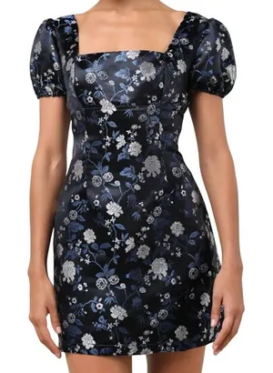 Lulus Dramatic Beauty Black Floral Jacquard Puff Sleeve Mini Dress, Size S thumbnail 1
