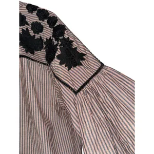 Free People Embroidered Striped Bell Sleeve Boho Blouse Beige Black Large thumbnail 6