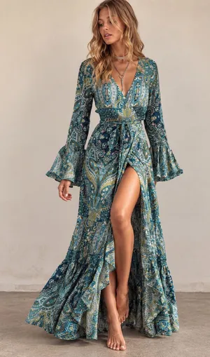 R.Vivimos Paisley Maxi Dress Cardigan Tie Front Bell Sleeve Duster Teal S thumbnail 1