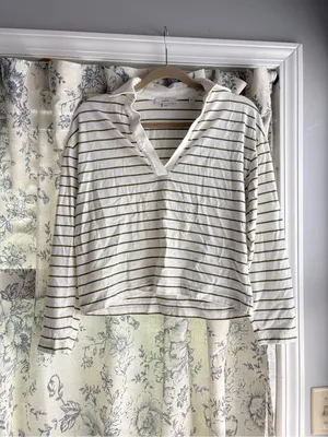 Vince Easy Polo Striped Cotton Long Sleeve Women’s Top Olive Stone thumbnail 2