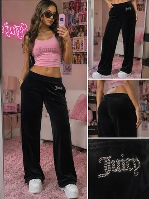 Juicy Couture Black Velour Wide Leg Lounge Pants Rhinestone Logo XL Y2K thumbnail 2