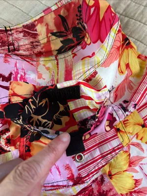 Vtg pink yellow black Hawaiian retro tropical patchwork boho 70’s board shorts L thumbnail 7