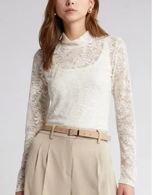 Open Edit White Lace Long Sleeve Shirt thumbnail 1