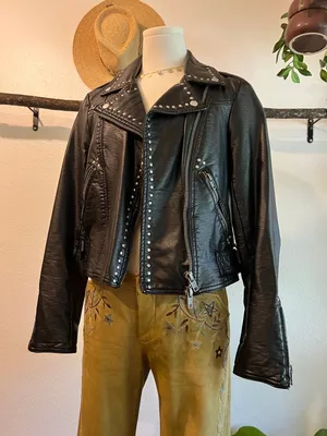 Free People Black Vegan Leather Moto Studded Zip Up Jacket Size XS Oversized thumbnail 1