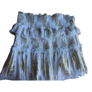 Cotton Mini Skirt Boho White Gold Lurex Smocked Romantic Size L Chloe Laetitia thumbnail 12