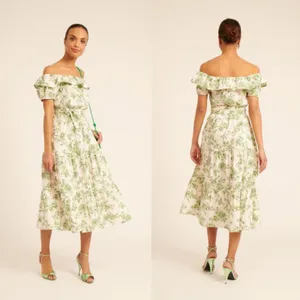 Rachel Parcell Off Shoulder Ruffle Tiered Floral Midi Dress Size 4 Sage‎ Toile thumbnail 4
