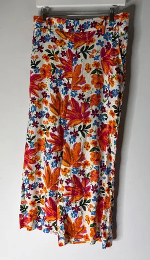 Joie‎ wide leg floral pull on linen blend pants pink orange size M thumbnail 1