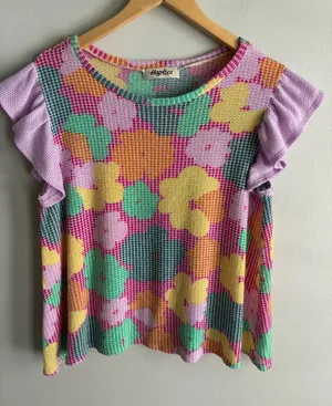Haptics Floral Waffle Knit Flutter Sleeve Top Pink Multicolor Size Medium thumbnail 1
