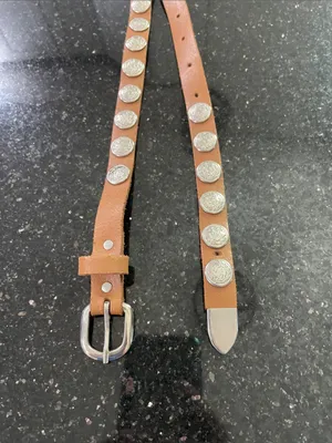 Brown Leather Silver Concho Coin Skinny Belt Women’s Size S/M thumbnail 4