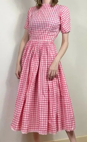 Vintage Pink & White Plaid Lattice Sleeve A Line Midi Dress Size S thumbnail 1
