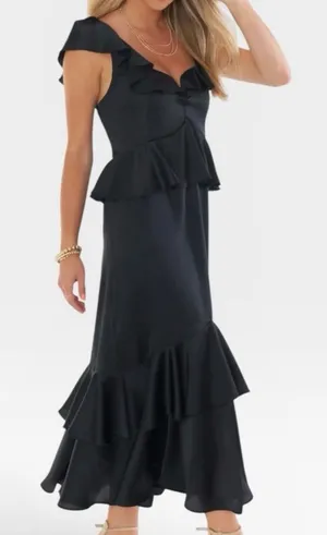 NWT Show Me Your MuMu Reese Ruffle Dress Satin Black SIZE XSMALL thumbnail 1