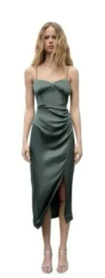 Zara Dark Green Satin Midi Dress Size S 100% Viscosa thumbnail 1