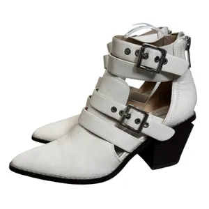 BCBGeneration Dani Pointed Toe Bootie Chunky Heels Size 7 White Buckle Straps thumbnail 1